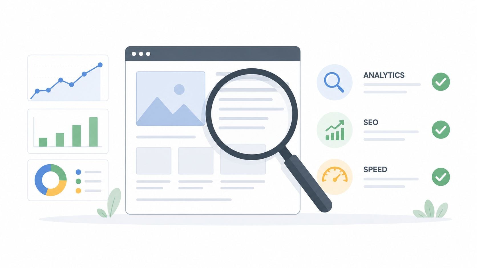 A flat illustration depicting website performance optimization featuring analytics, SEO metrics, and loading speed checklists with a magnifying glass.