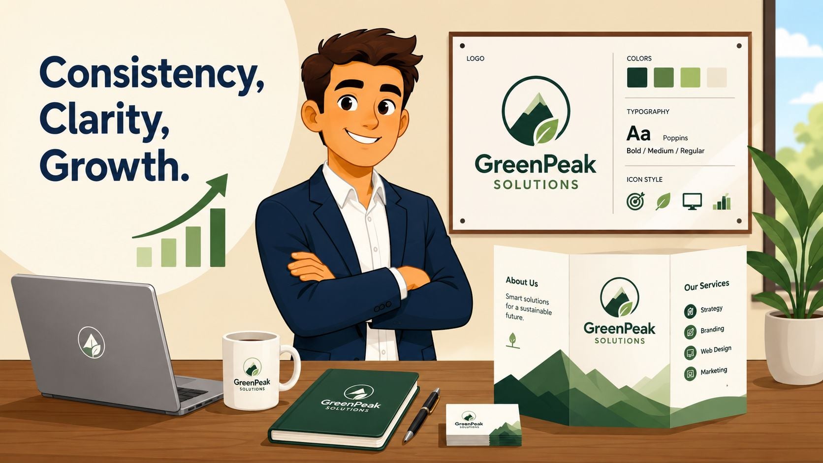 A friendly businessman standing at a desk with branded office supplies displaying a GreenPeak Solutions style guide.