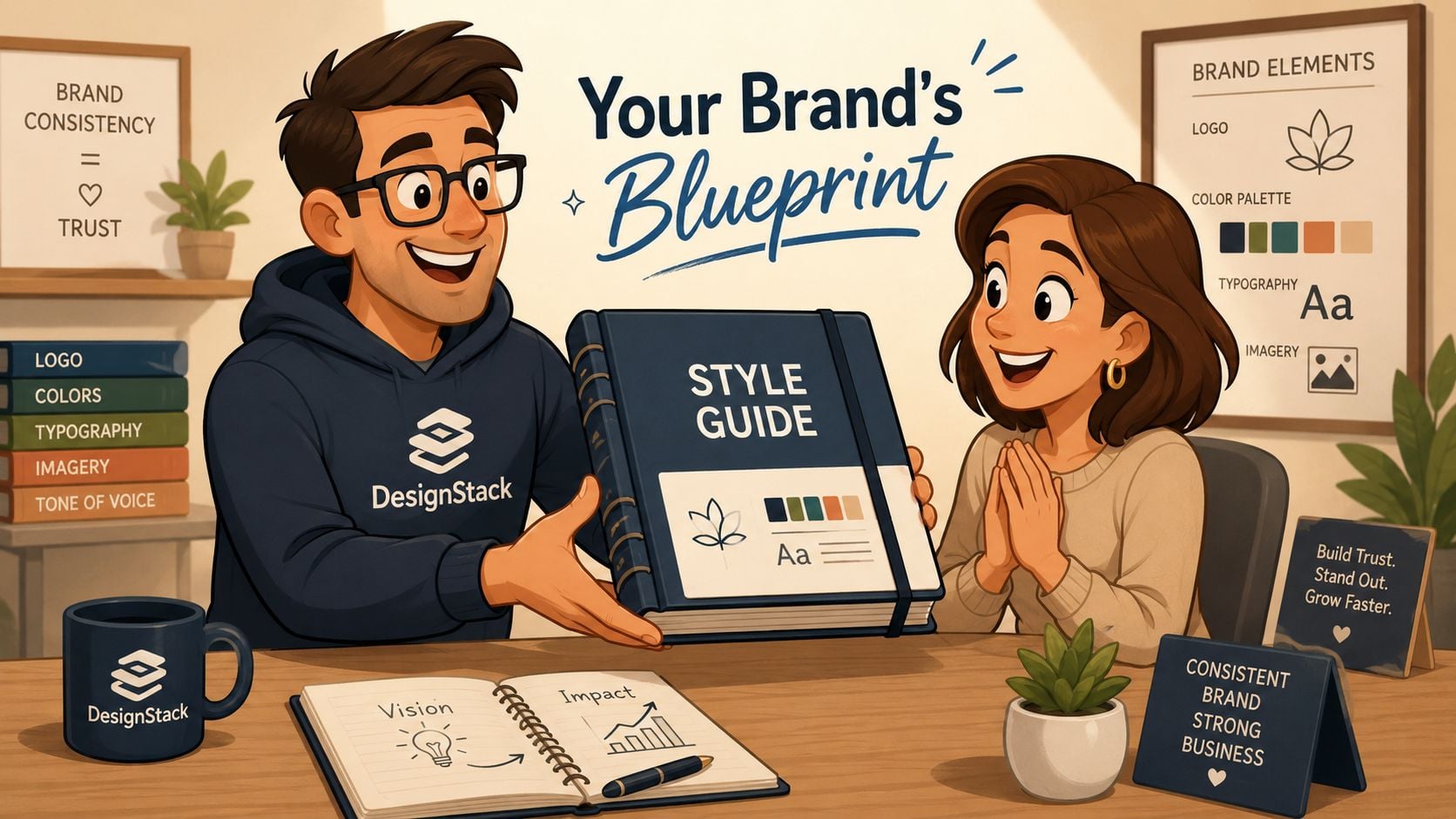 A male designer presenting a professional brand style guide book to a happy female client.
