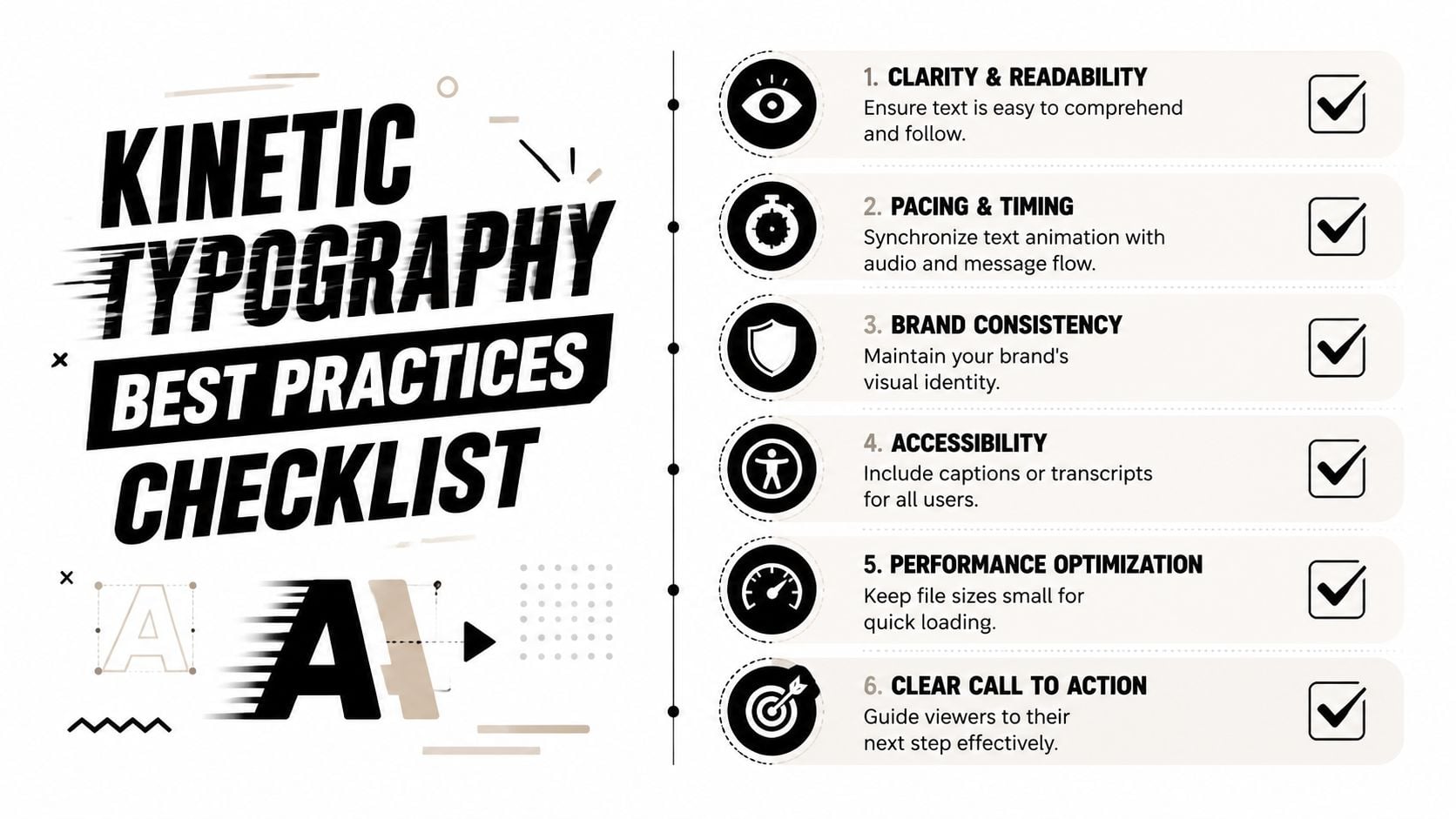 A checklist infographic outlining six essential best practices for creating effective and engaging kinetic typography animations.