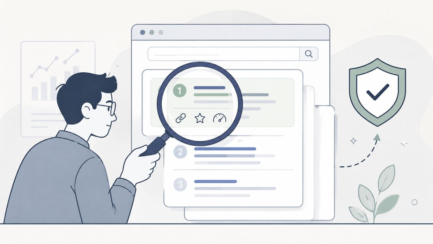 An illustration of a person using a magnifying glass to analyze search results for SEO optimization.