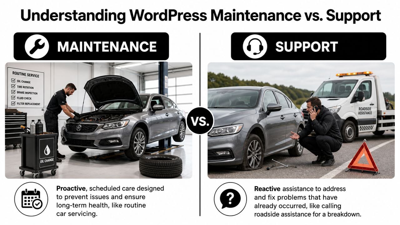 An infographic comparing proactive WordPress maintenance to reactive support using car service and roadside assistance analogies.