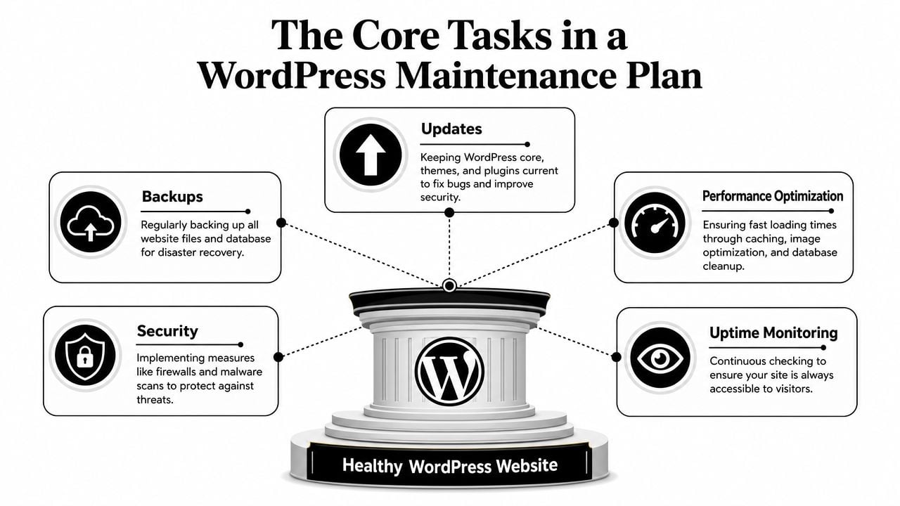 A diagram outlining five essential tasks for a healthy WordPress maintenance plan, including updates, backups, security, performance, and monitoring.
