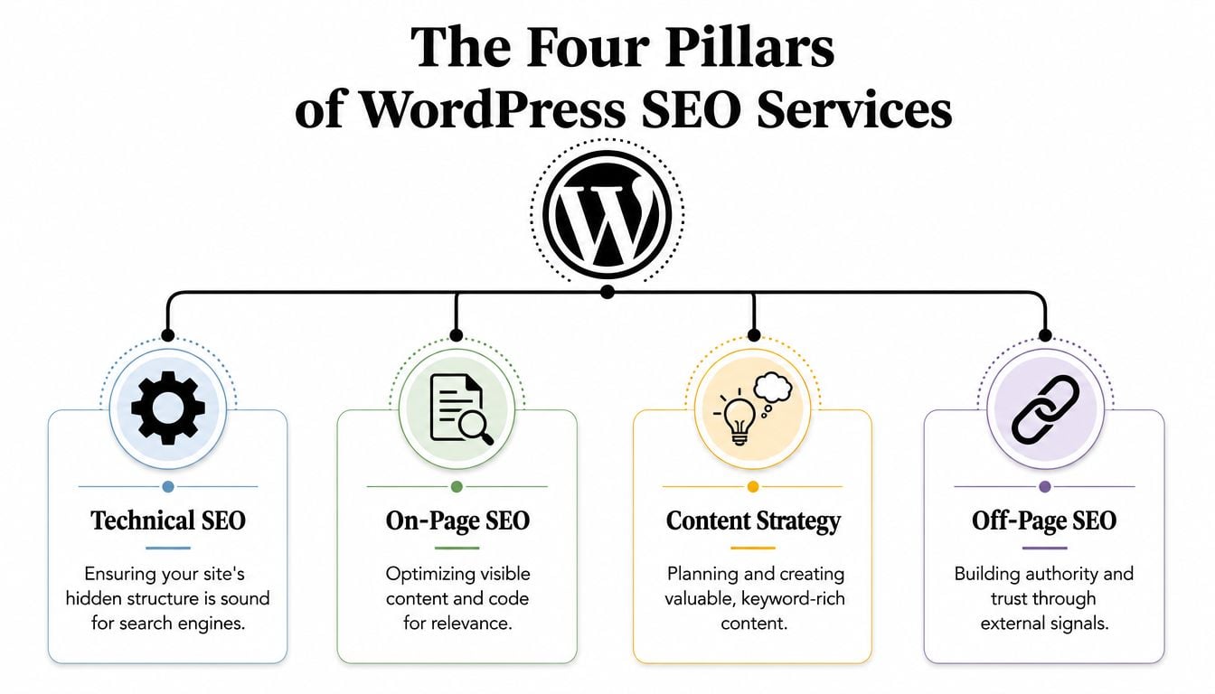 A diagram illustrating the four pillars of WordPress SEO services: Technical, On-Page, Content Strategy, and Off-Page.