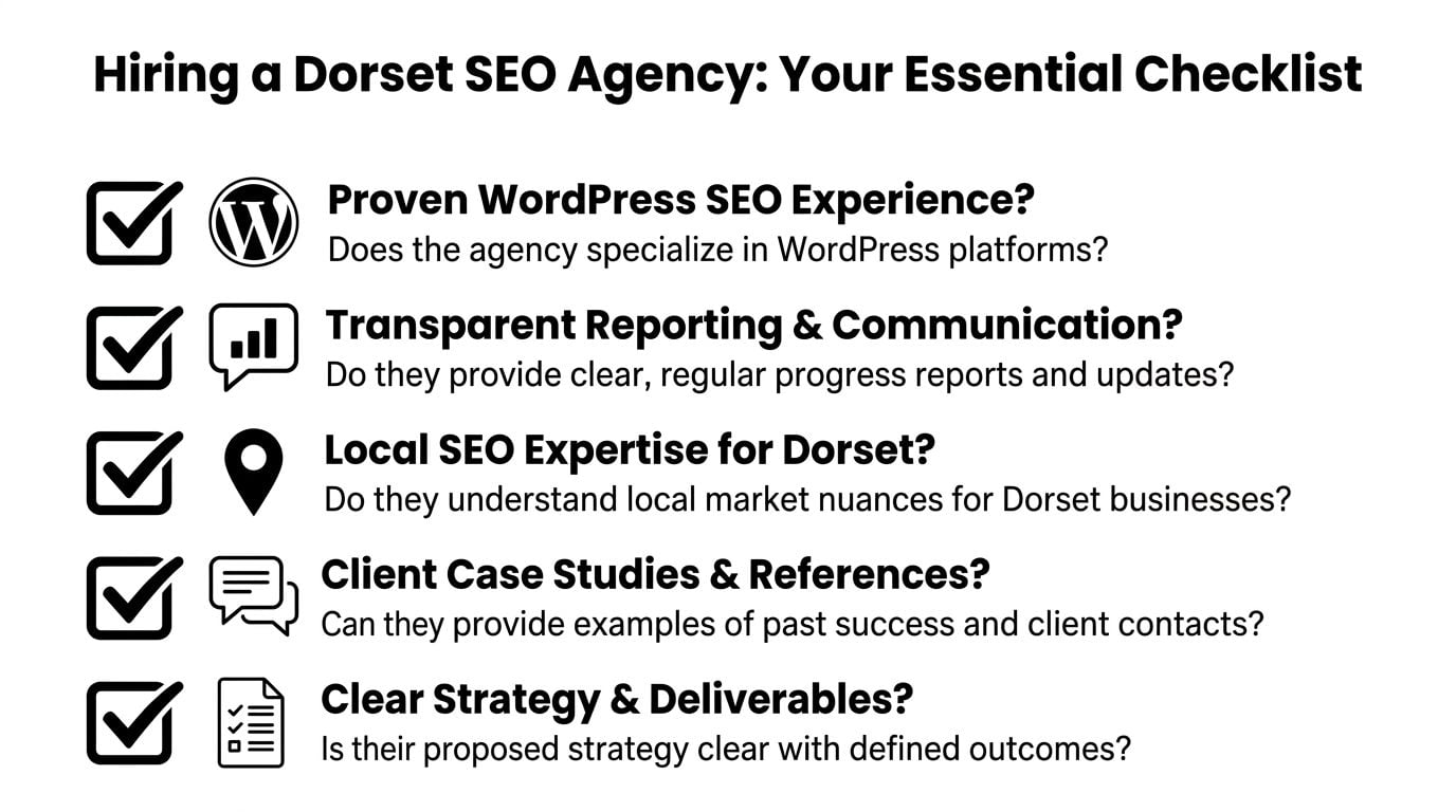 An essential checklist for hiring a Dorset SEO agency, highlighting key criteria for choosing service providers.