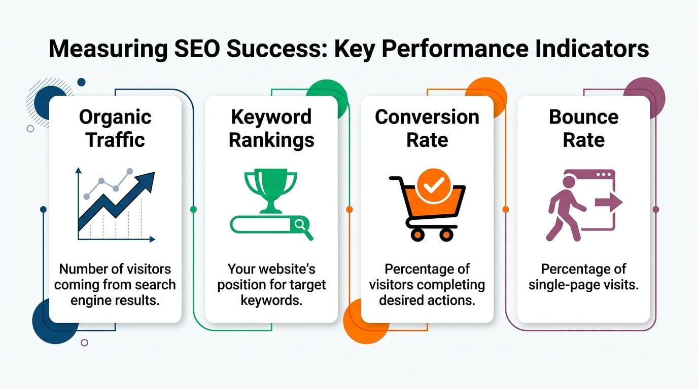 An infographic showing four key performance indicators for measuring SEO success including traffic, rankings, conversion, and bounce rate.