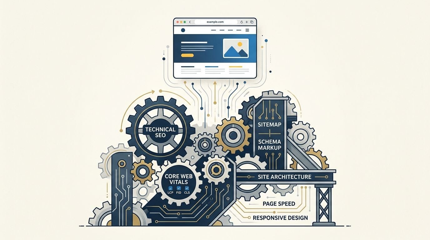 A digital illustration showing gears representing technical SEO components including site architecture, web vitals, and page speed.