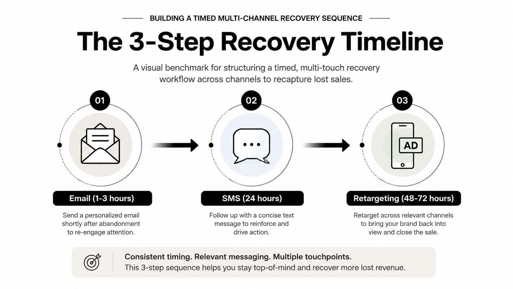 A visual guide showing a three-step multi-channel recovery sequence for recapturing lost ecommerce sales.