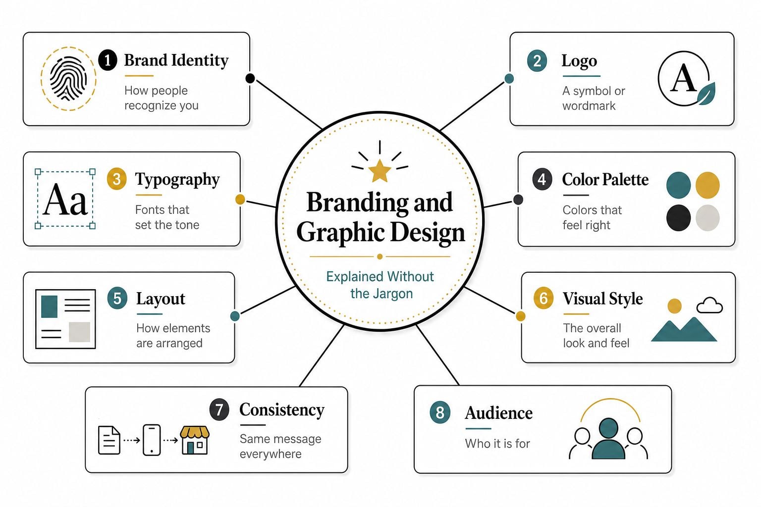 An infographic diagram outlining the core elements of branding and graphic design explained in simple terms.