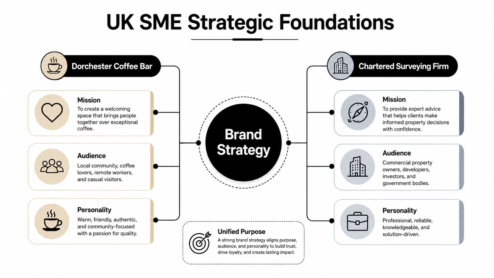 A diagram illustrating the core elements of brand strategy for a coffee bar and surveying firm.