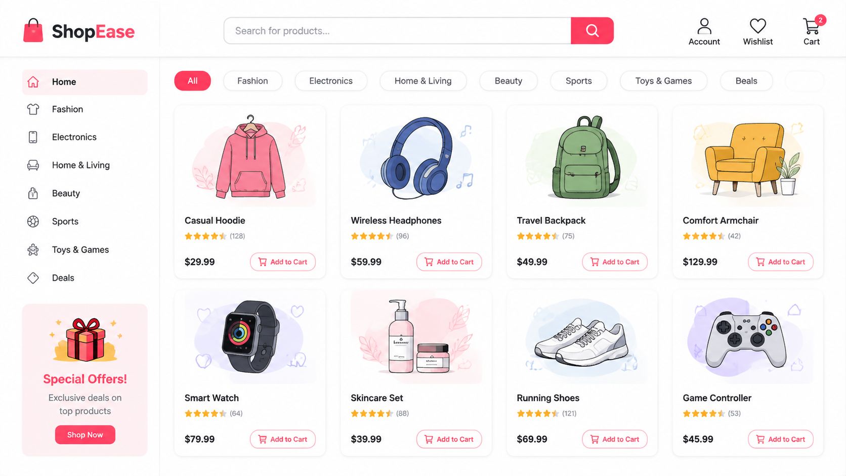 A modern ShopEase e-commerce website interface displaying various products with prices, star ratings, and shopping cart buttons.
