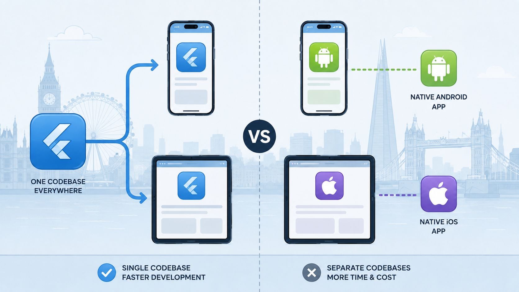 A diagram comparing single codebase Flutter development versus traditional native Android and iOS app development approaches.