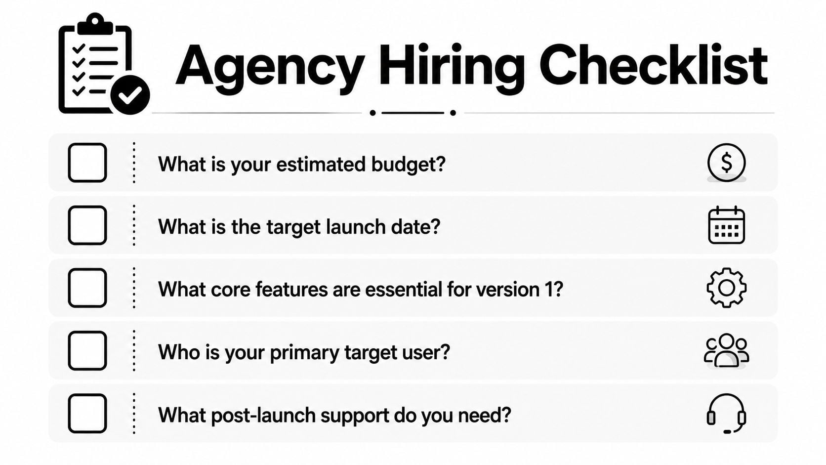 A checklist for businesses to consider before hiring an agency for cross platform app development services.