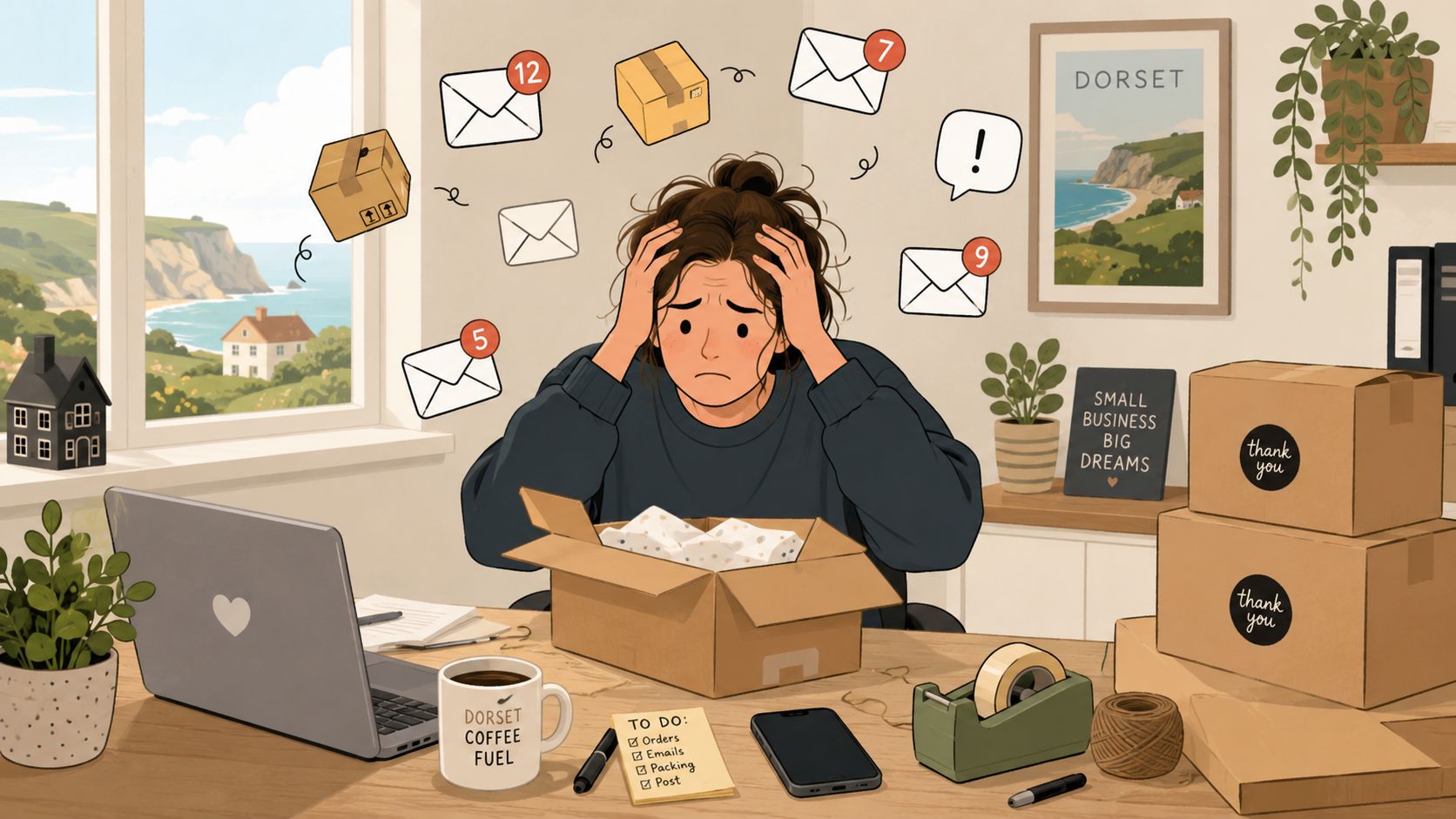 An overwhelmed small business owner sits at a desk surrounded by packages and digital notifications.