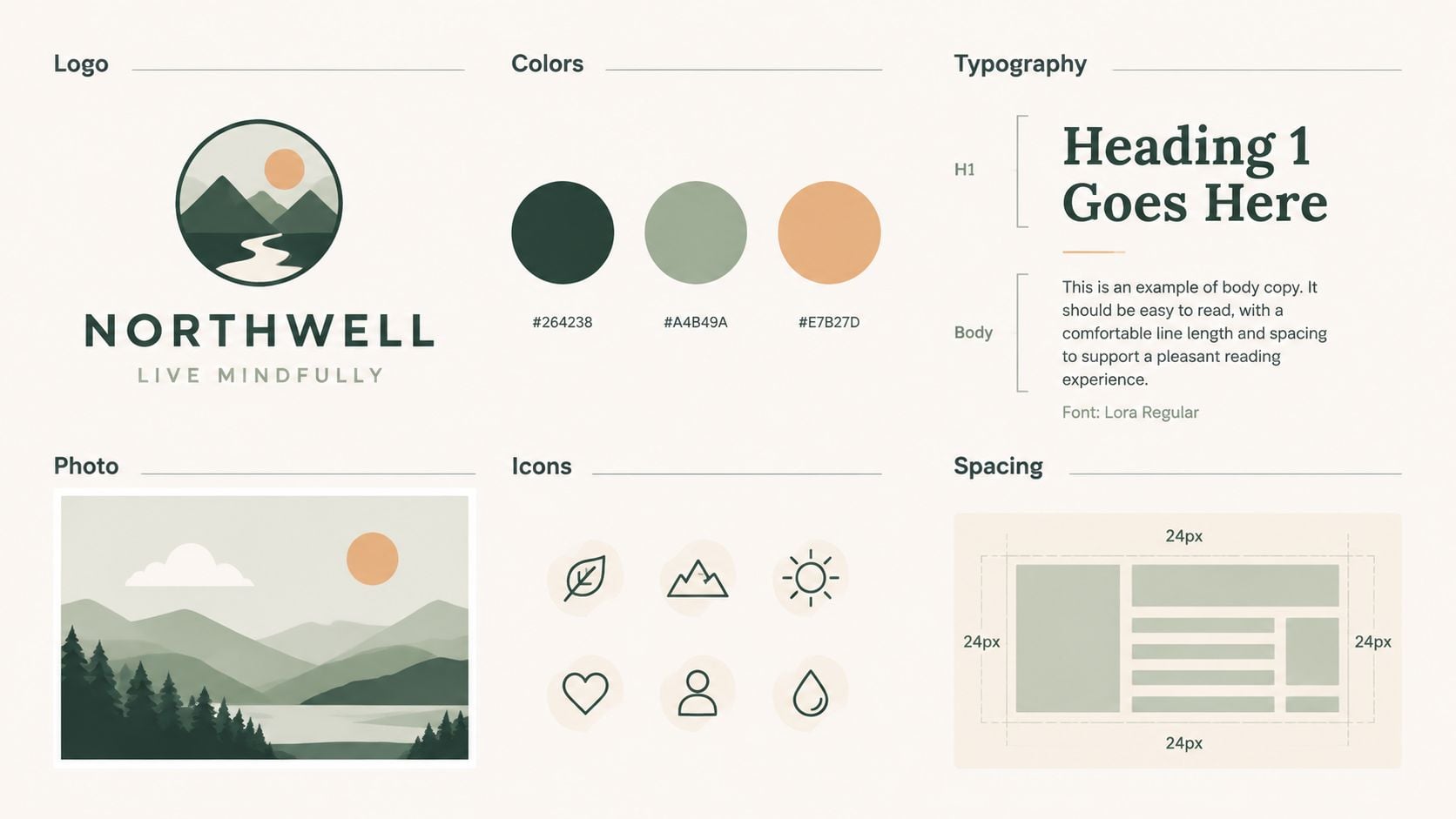 A brand identity style guide showcasing a logo, color palette, typography, icons, and spacing design system.