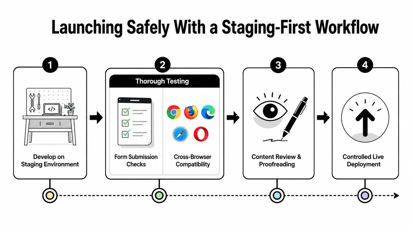 A four-step infographic illustrating a staging-first workflow for safely launching websites and software applications.