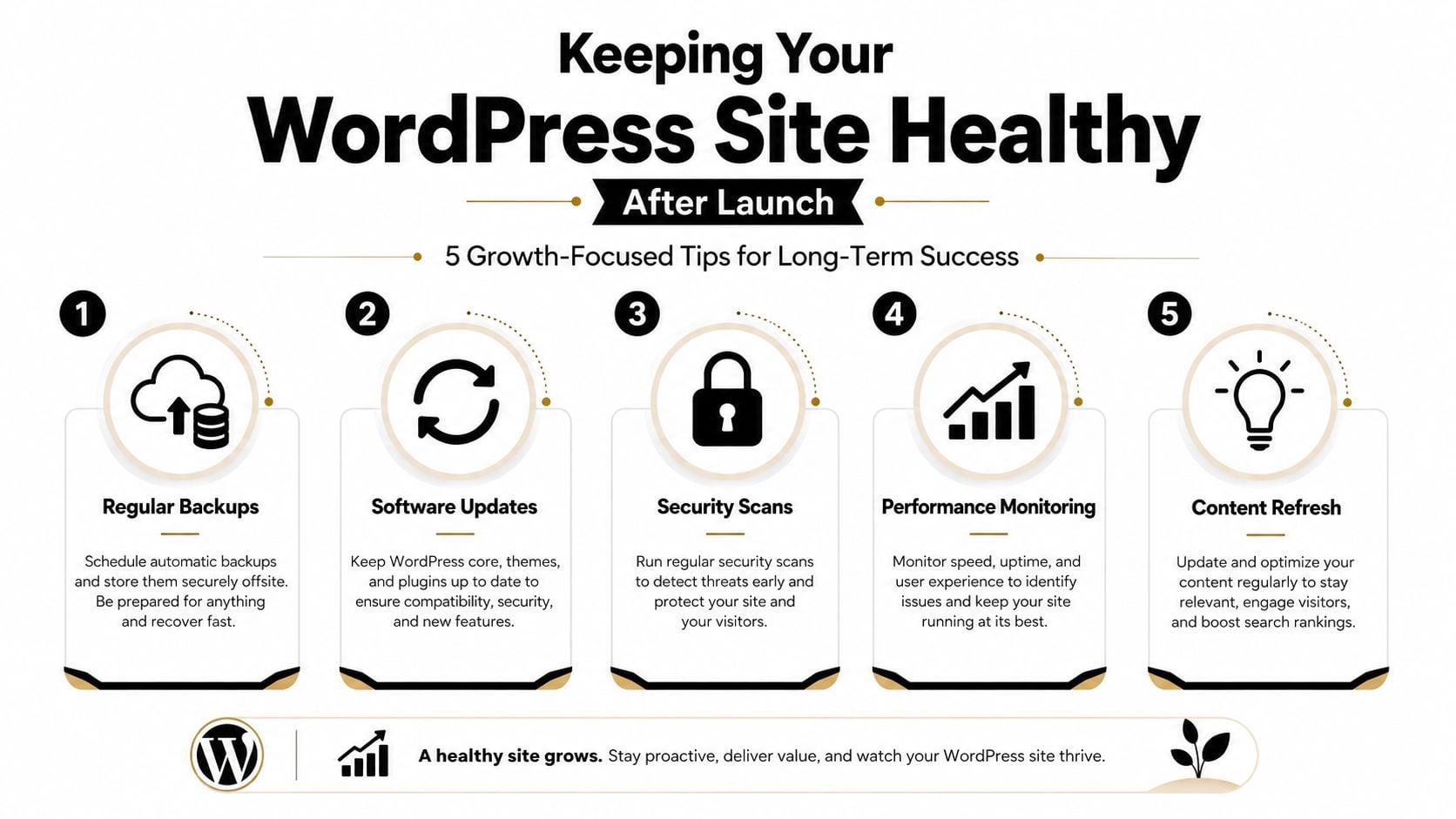 An infographic titled Keeping Your WordPress Site Healthy showing five tips for website maintenance and long-term growth.