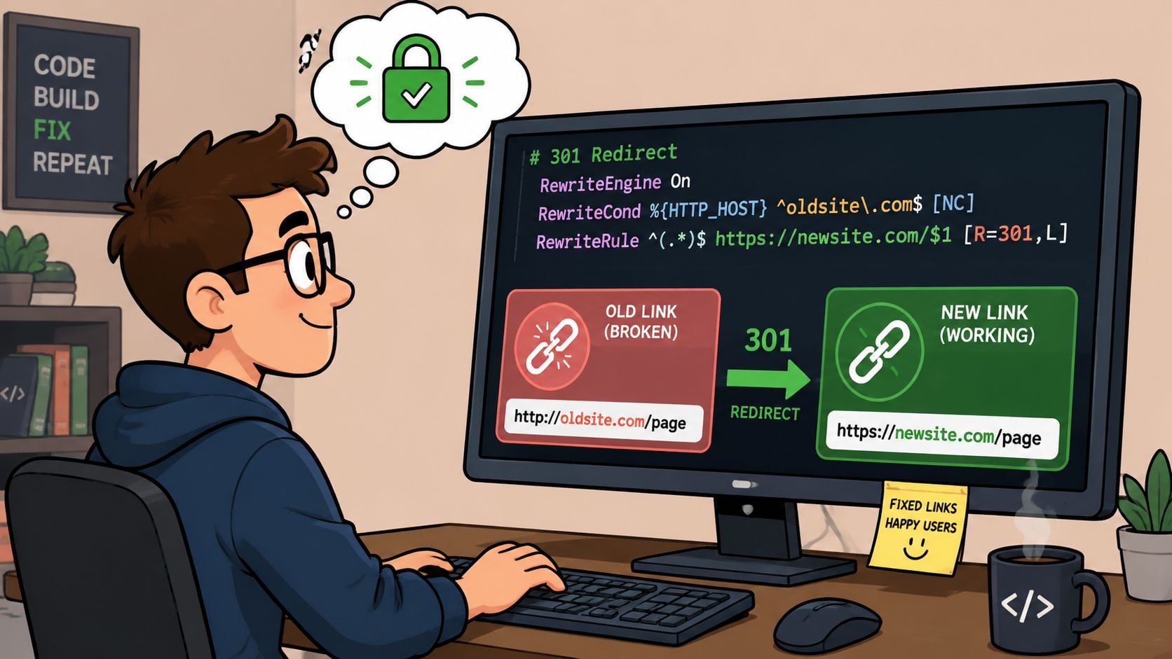 A developer working at a computer showing code for a 301 redirect to fix broken website links.