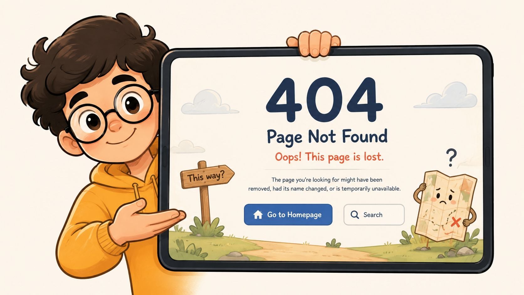 A cartoon boy holding a tablet displaying a 404 error page with a lost map character.