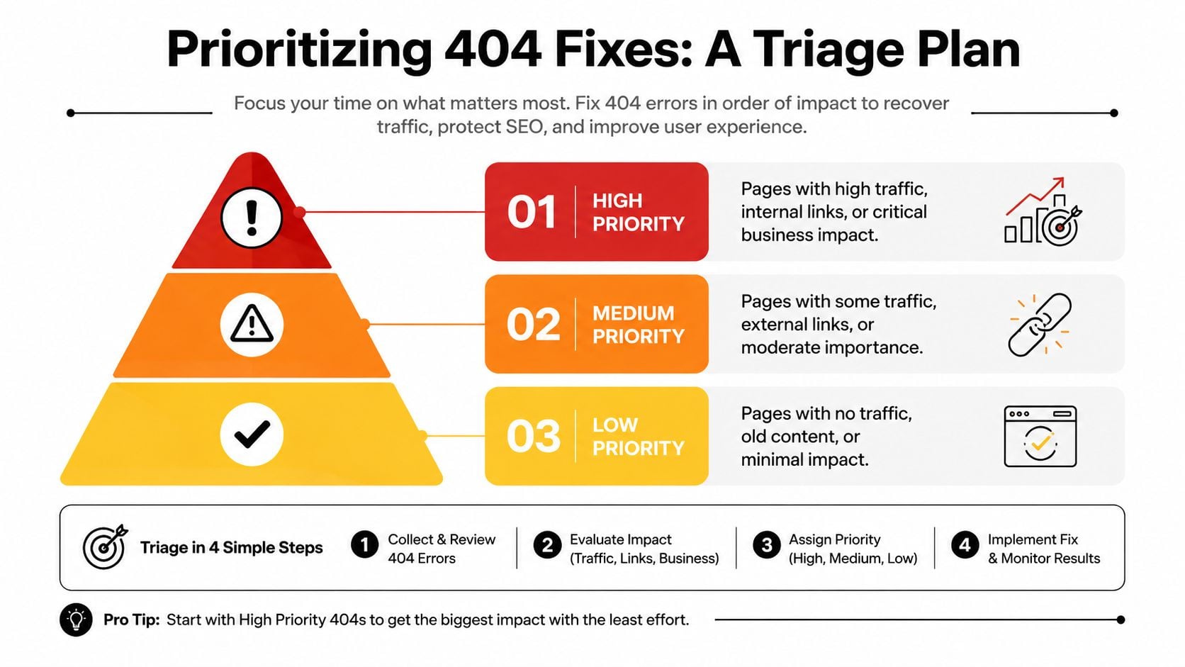 A pyramid chart illustrating a 404 error prioritization strategy divided into high, medium, and low priority levels.