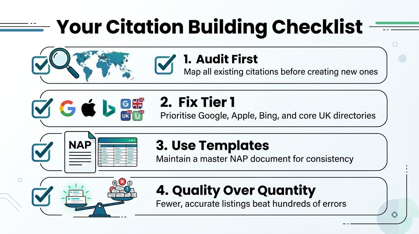 A four-step checklist for building business citations, emphasizing audits, tier 1 directories, consistency, and quality.