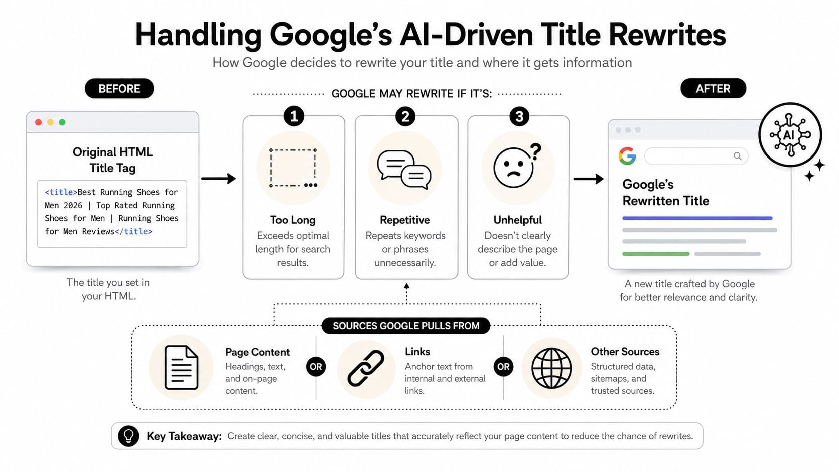 A diagram explaining how Google uses AI to automatically rewrite SEO page titles based on quality factors.