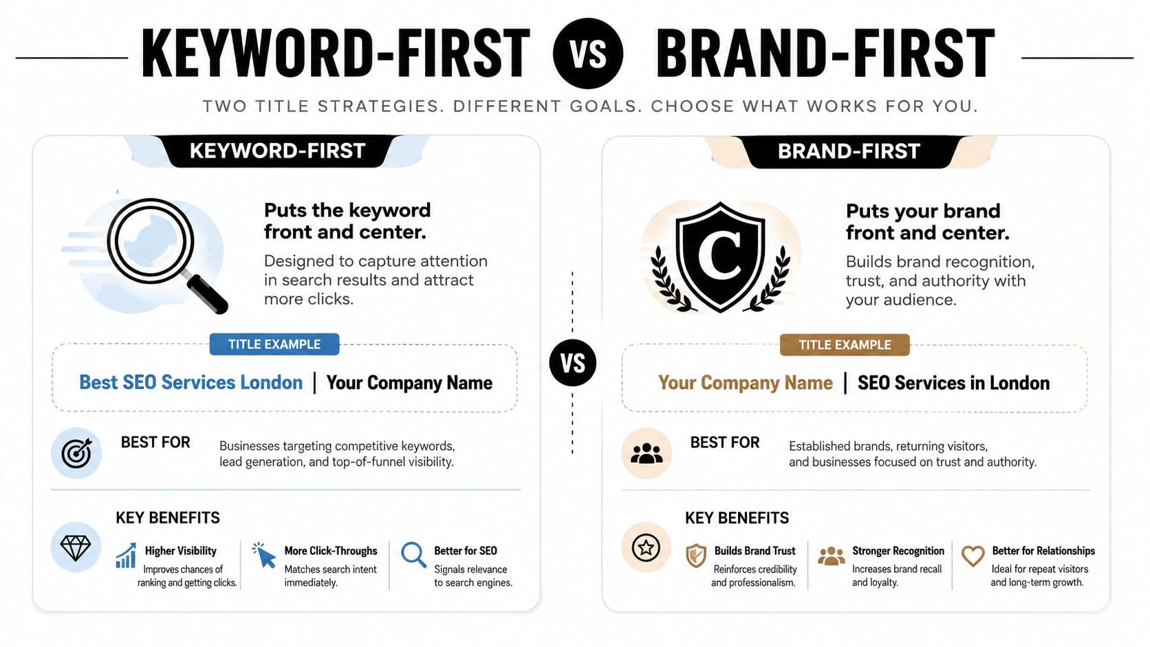 A comparison infographic between keyword-first and brand-first title tag strategies for search engine optimization.