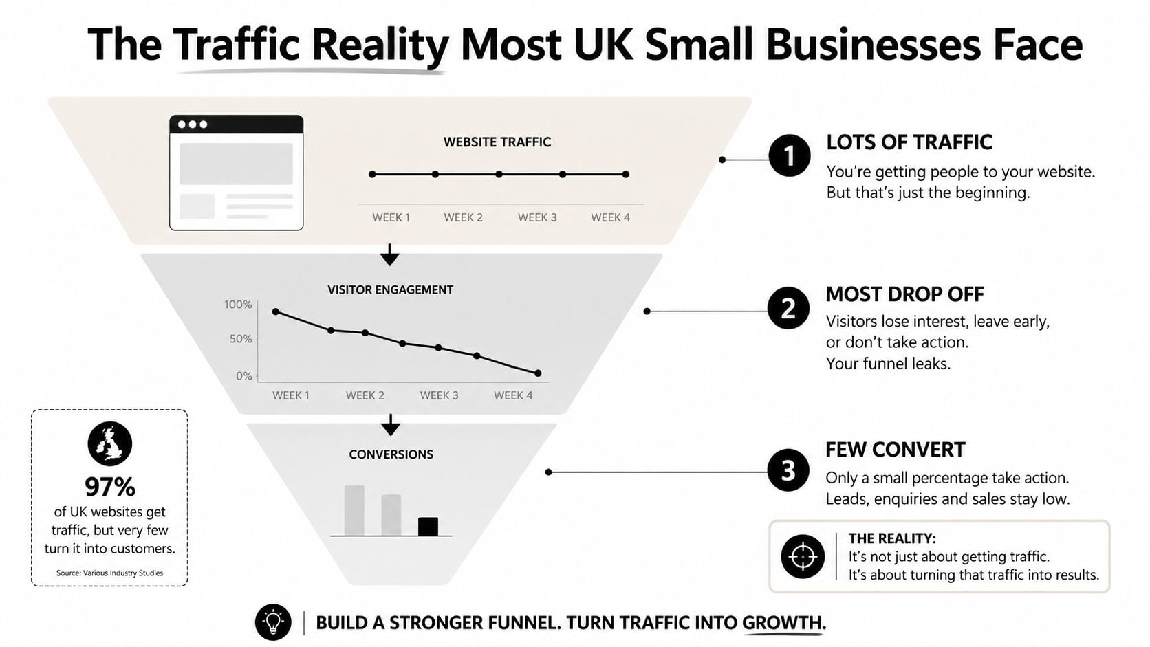 A funnel diagram illustrating that website traffic often drops off before converting into customer sales for UK businesses.