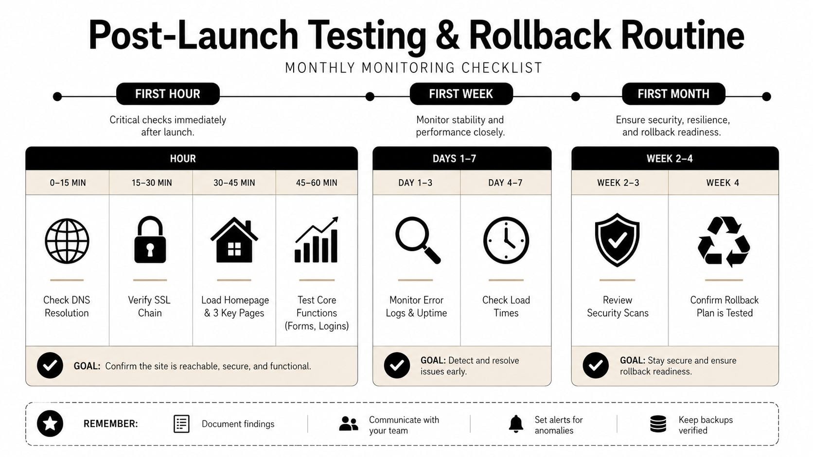 A comprehensive post-launch testing and rollback checklist for monitoring websites during the first month after release.