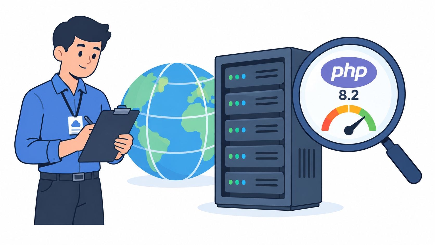 A professional analyzing a server tower with a PHP 8.2 performance gauge and a globe icon.