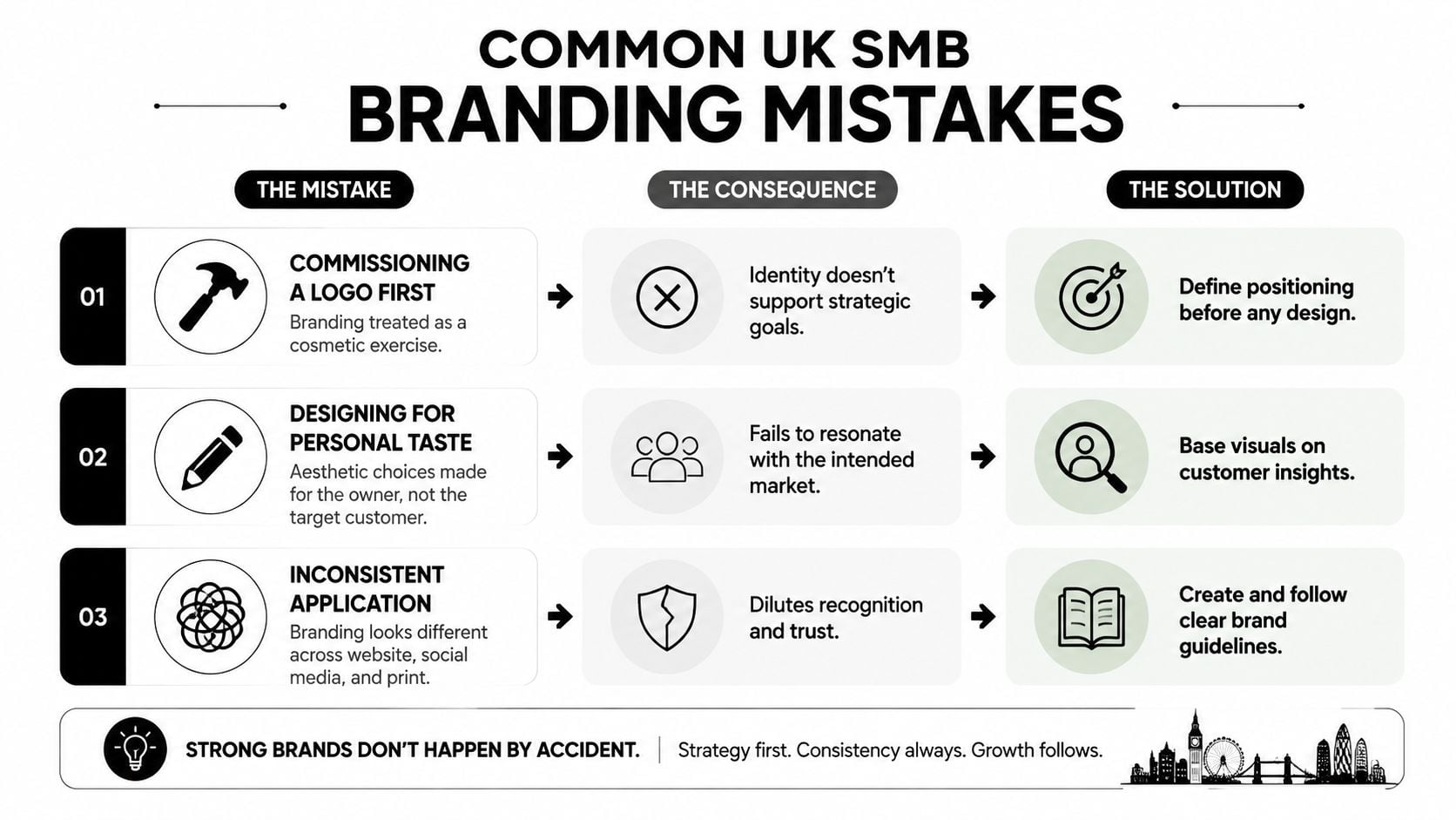 An infographic detailing common UK small business branding mistakes, their consequences, and effective strategic solutions.