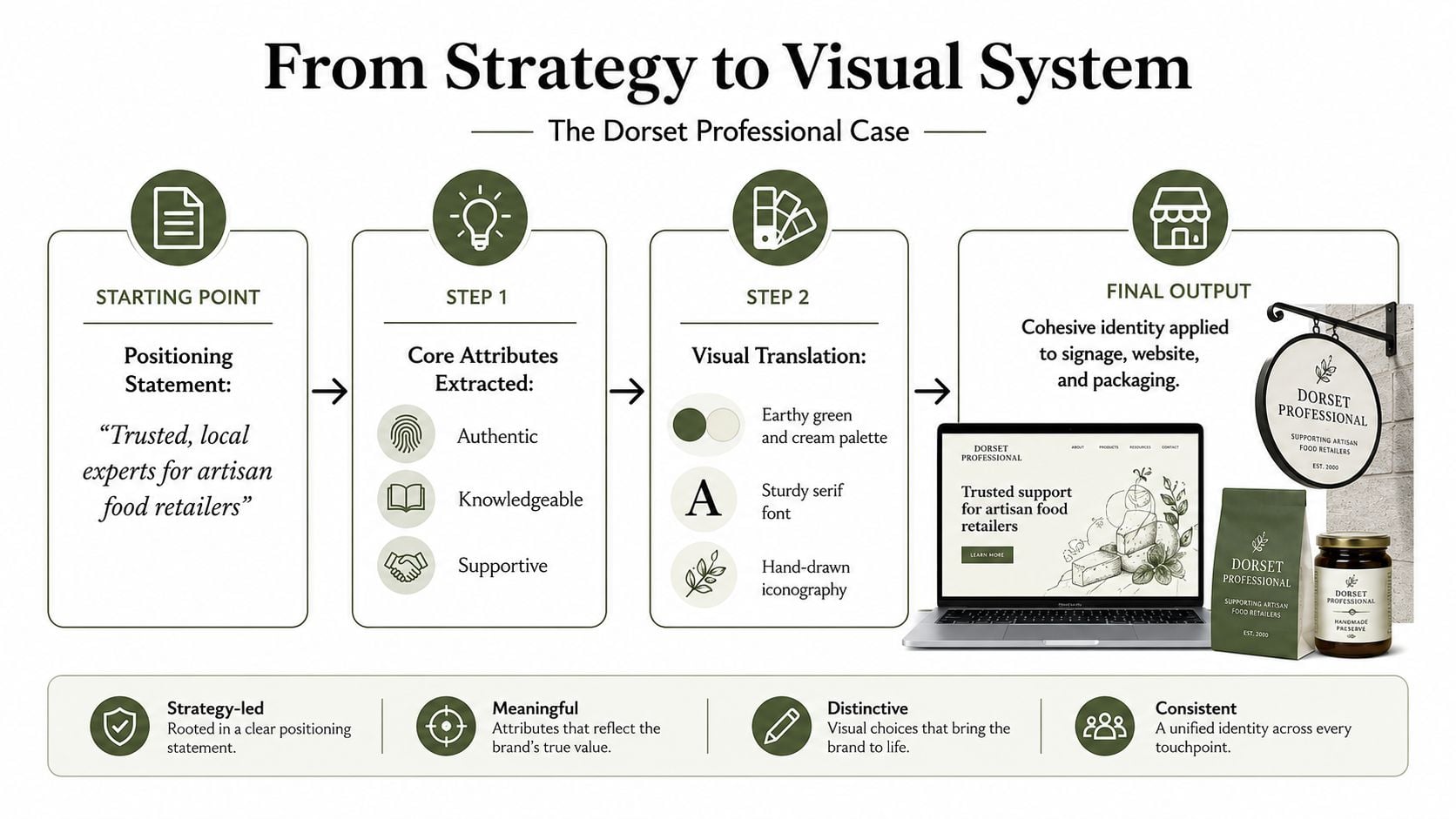 A diagram illustrating the process from brand positioning strategy to visual system design for Dorset Professional.