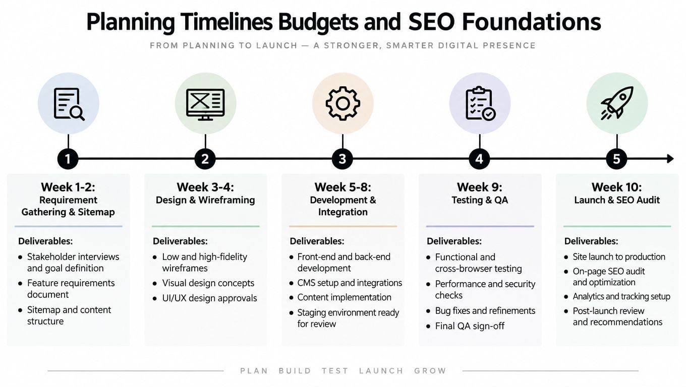 A project timeline infographic illustrating five steps from initial requirement gathering to final website launch and audit.