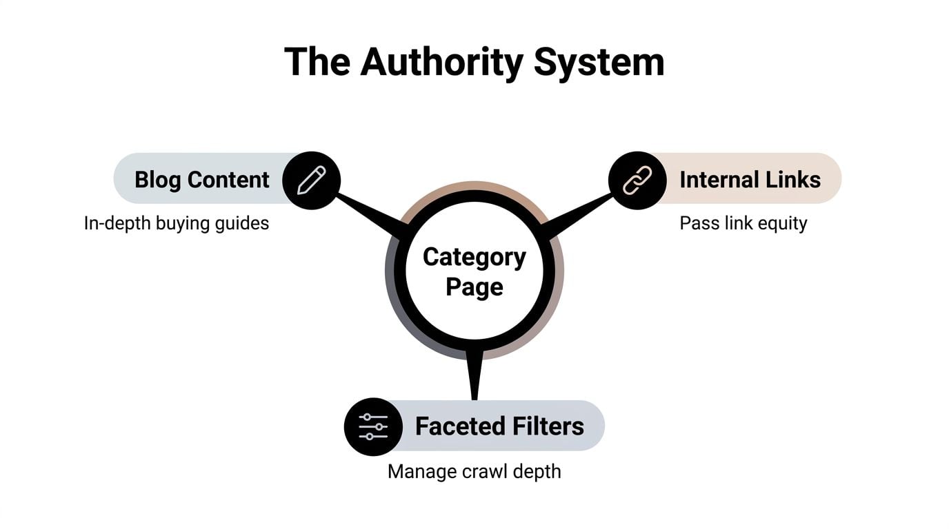 A diagram titled The Authority System showing three components connecting to a Category Page for SEO strategy.