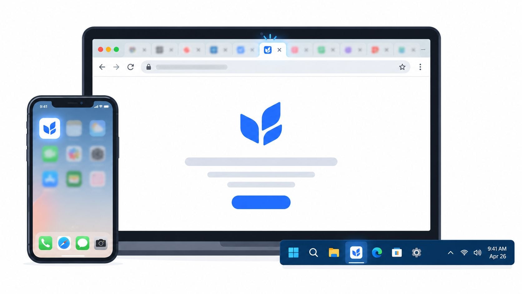 A laptop and smartphone displaying a browser interface with a branded blue leaf icon, demonstrating cross-platform consistency.
