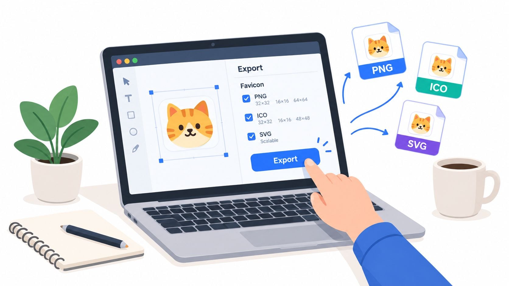 A hand clicking the export button on a laptop screen to generate cat icon files