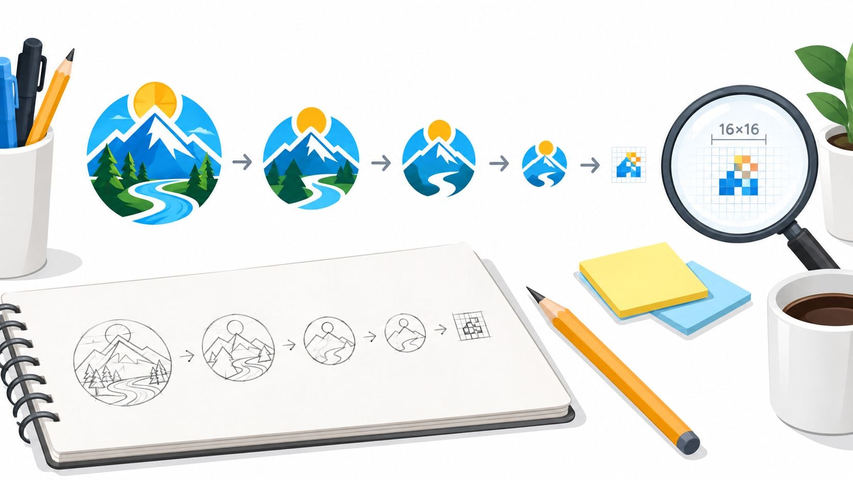A digital illustration showing the multi-stage process of designing a professional mountain landscape favicon.