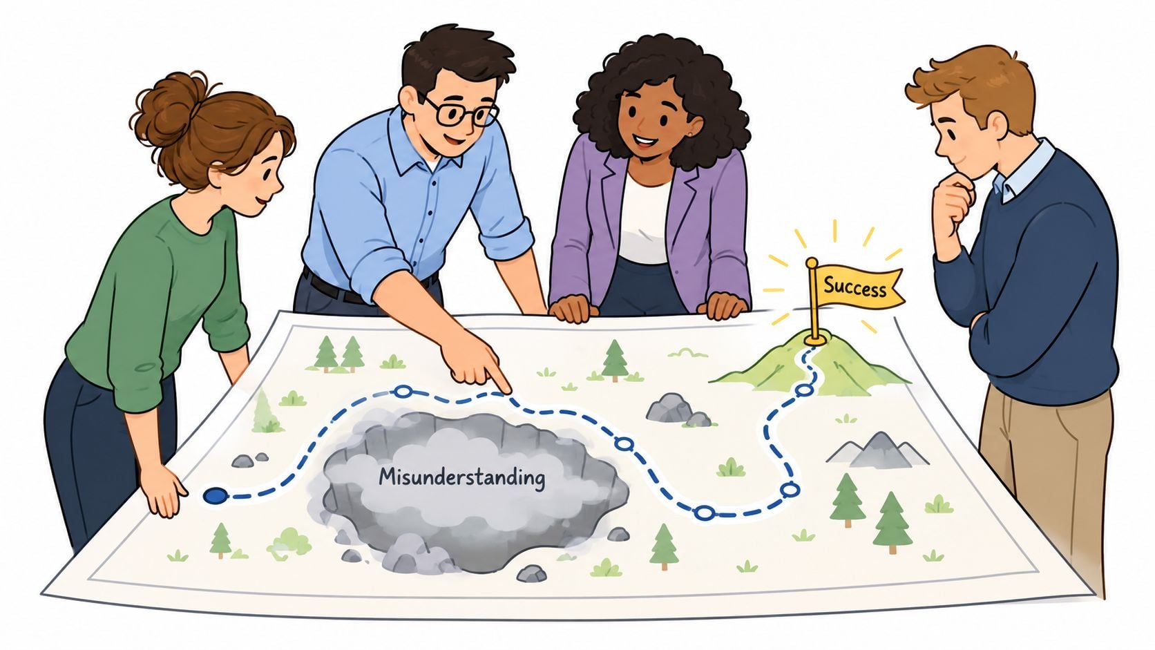 A diverse team collaborating around a map featuring a path that avoids a pit labeled Misunderstanding.