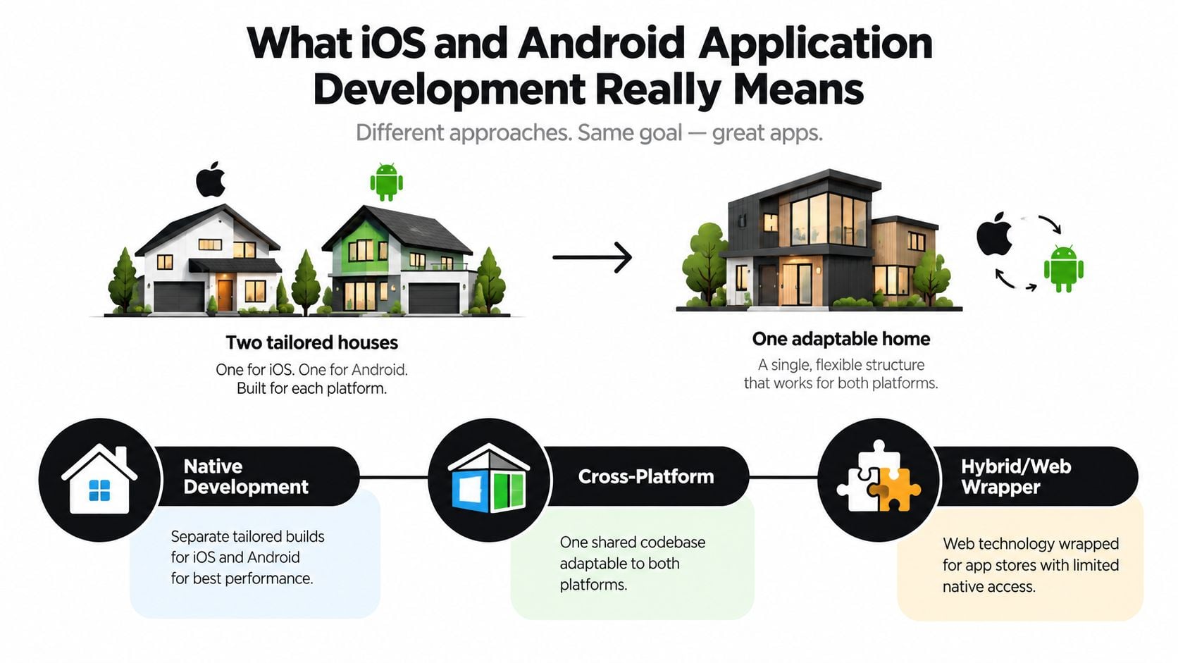 An infographic comparing native, cross-platform, and hybrid mobile application development methods using house-themed illustrations.