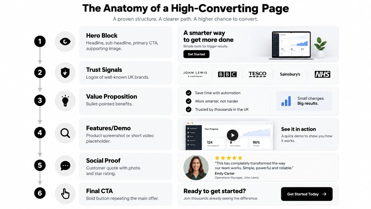 A visual guide outlining the six key components of an effective and high-converting landing page structure.