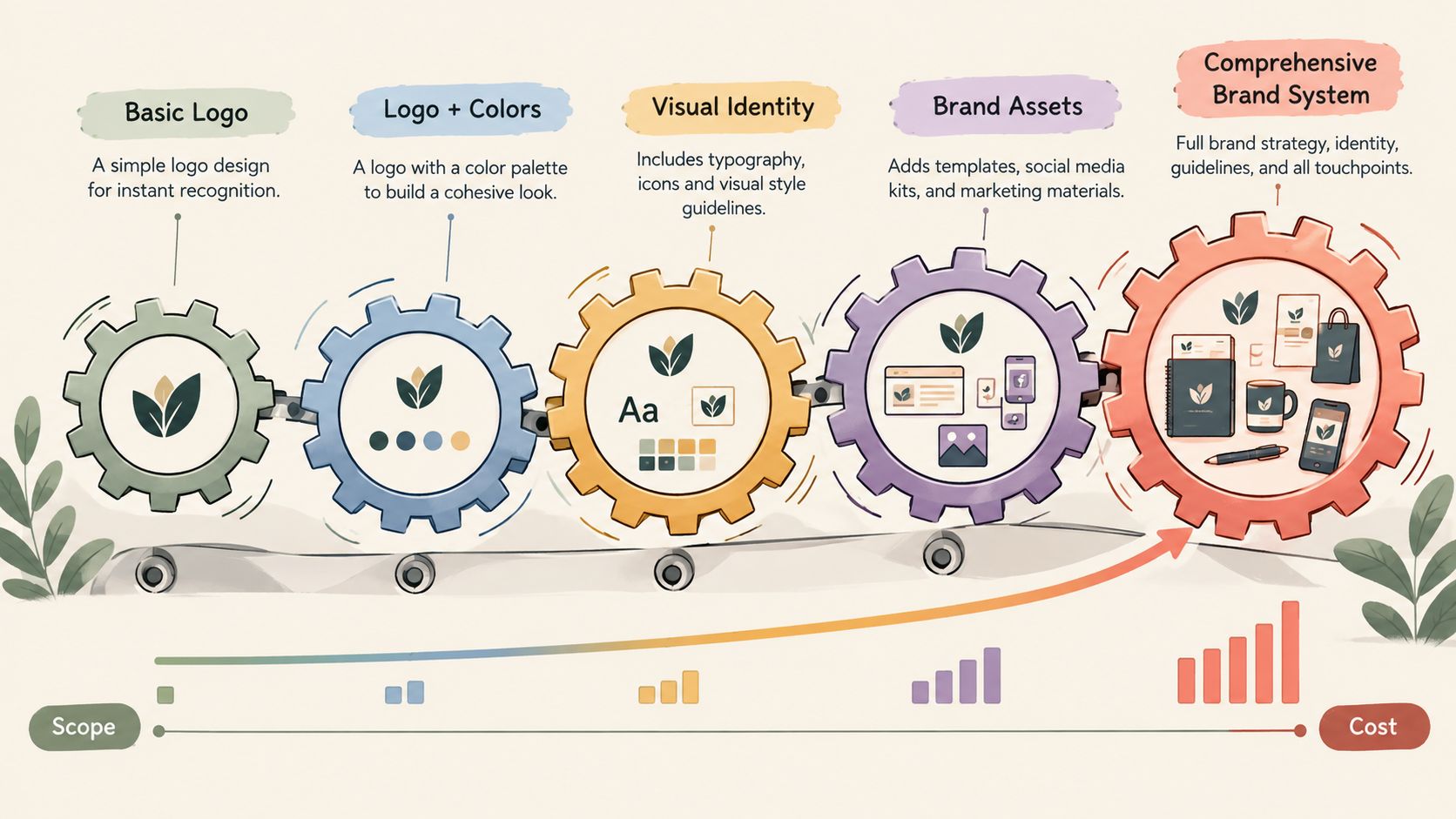 A diagram illustrating branding stages from a basic logo to a comprehensive brand system with increasing costs.