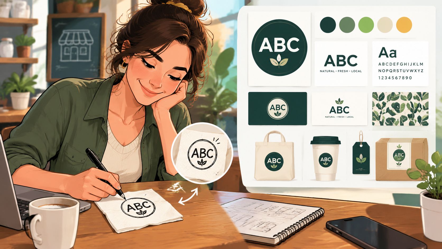 A woman sketching a logo design at her desk with branding materials and color palettes displayed nearby.