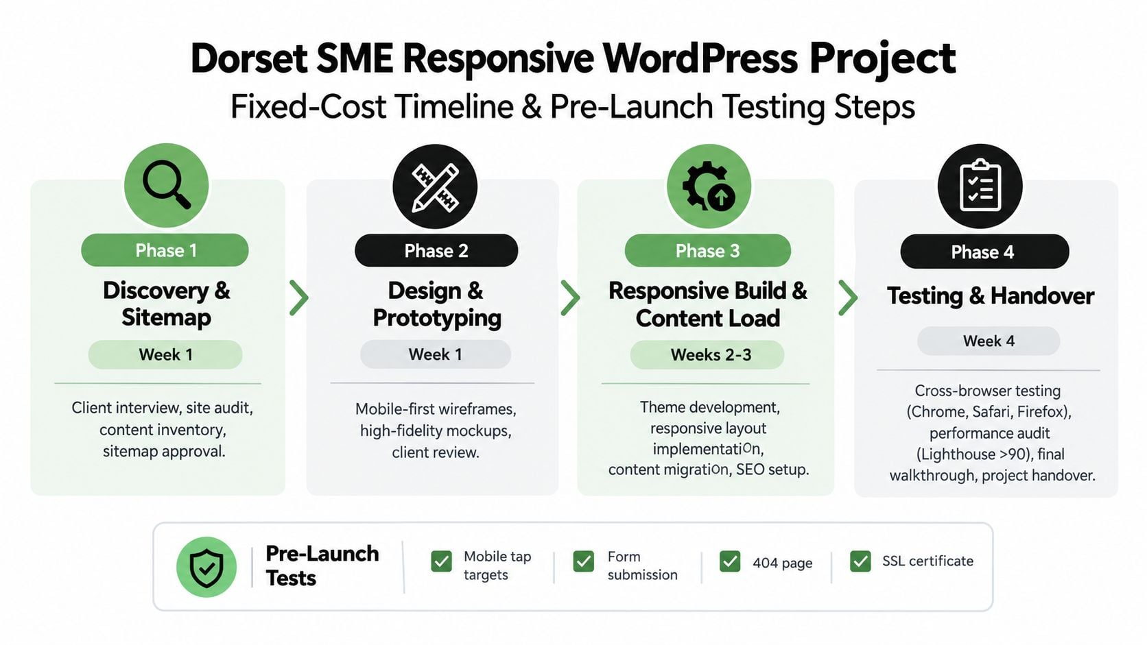 A project timeline chart for a responsive WordPress website showing four development phases and pre-launch testing steps.
