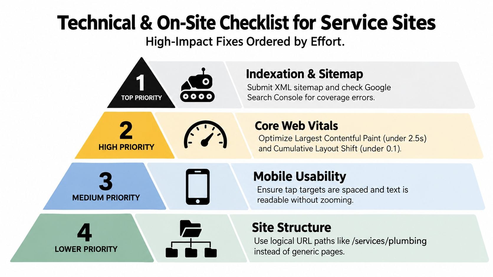A tiered priority chart outlining essential technical SEO and on-site checklist steps for service-based websites.
