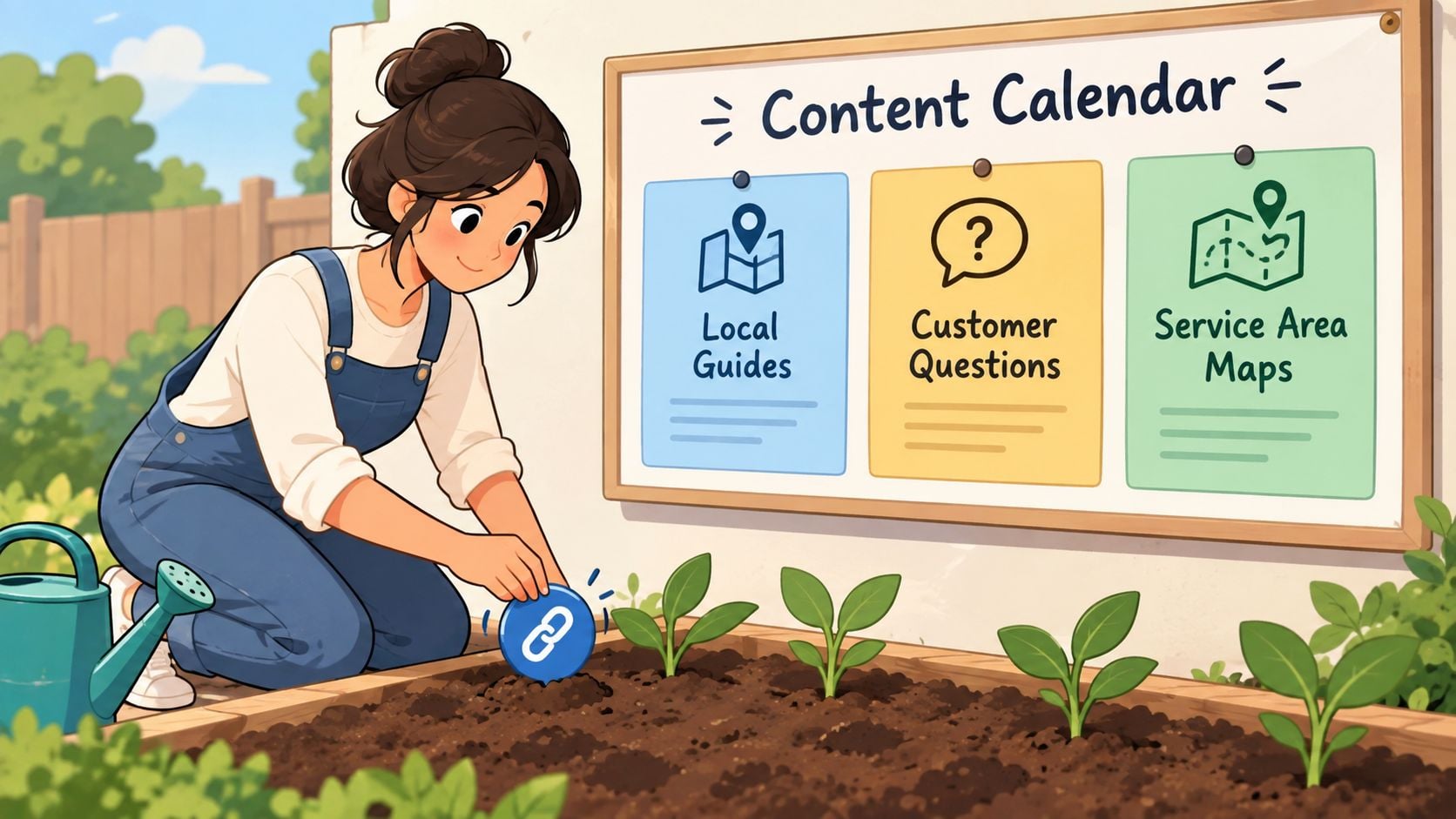 A woman planting a link icon into a garden bed near a content calendar for small businesses.