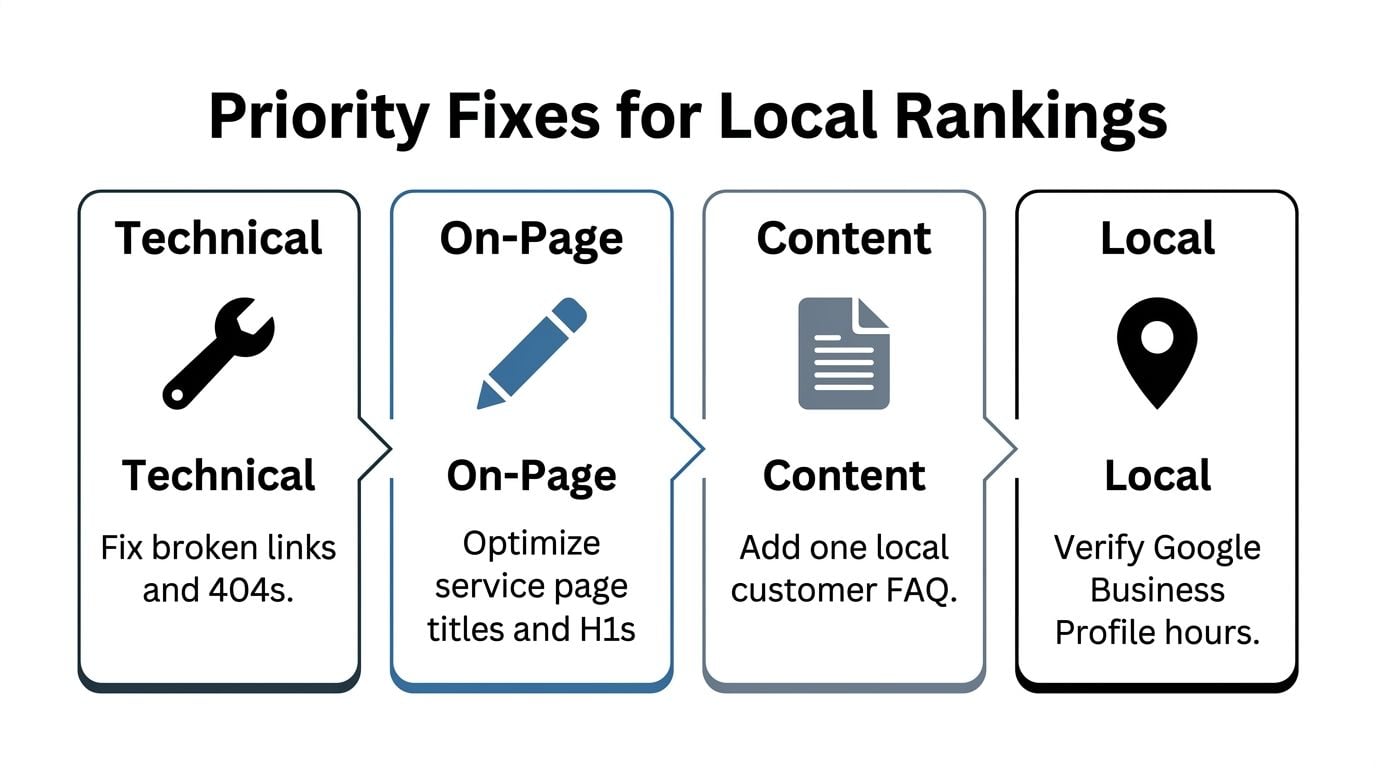 A four-step guide displaying priority SEO fixes for local rankings including technical, on-page, content, and local tasks.