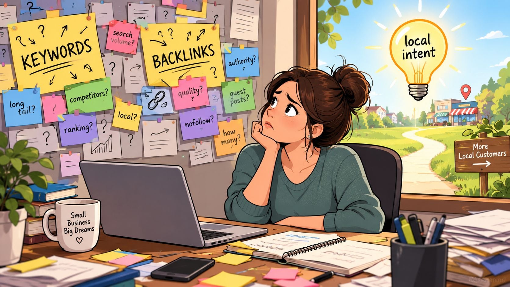 A young woman looking thoughtfully at a workspace wall covered with SEO sticky notes and business concepts.