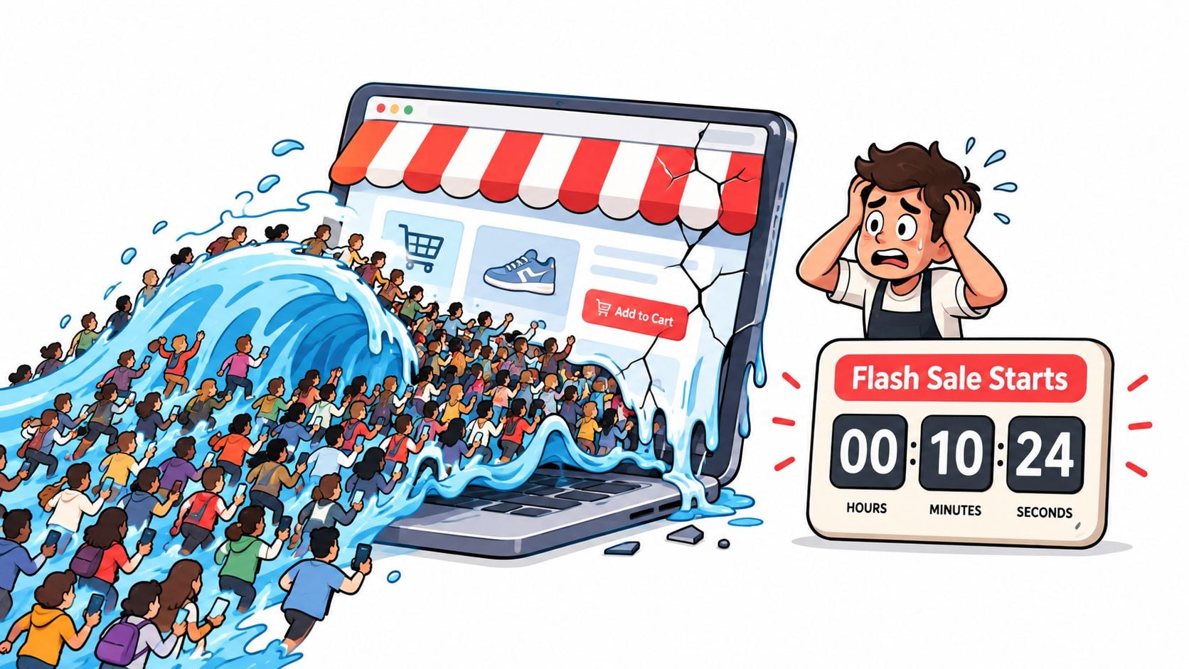 A panicked person watches a massive crowd of people rushing out of a cracked computer screen representing website traffic.