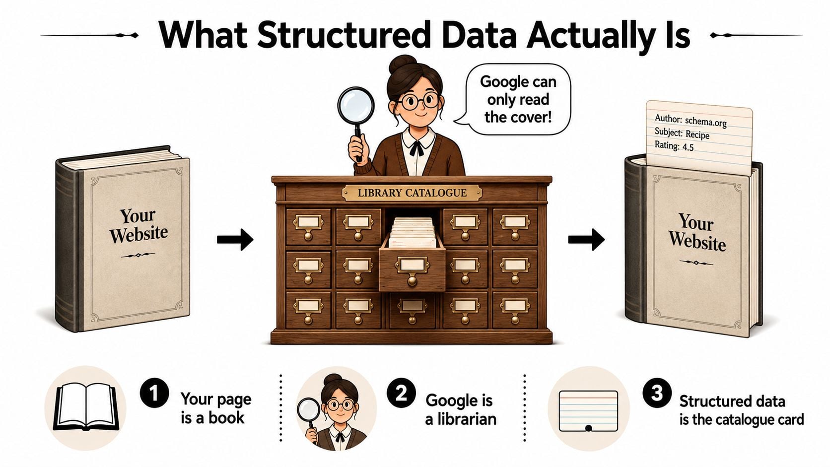 An infographic explaining structured data using a library metaphor with a book, librarian, and catalog card.