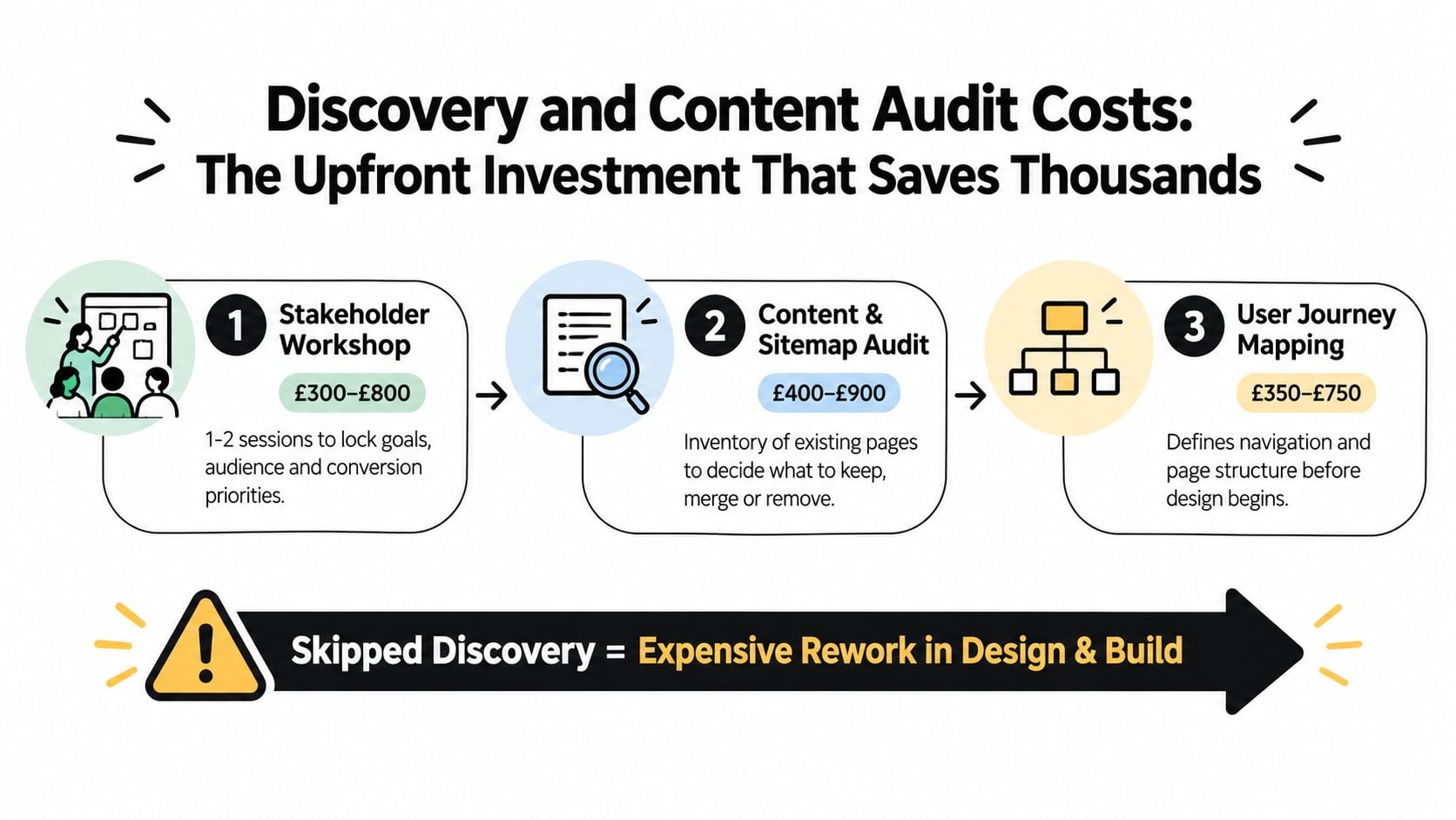 A diagram illustrating the cost breakdown for the discovery and content audit phase of website design projects.
